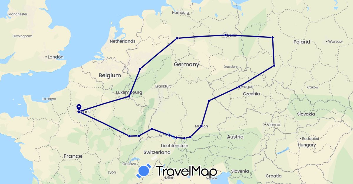 TravelMap itinerary: driving in Czech Republic, Germany, France, Luxembourg, Poland (Europe)
